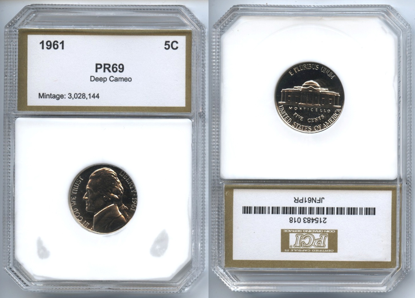 1961 Jefferson Nickel PCI Proof-69 Deep Cameo