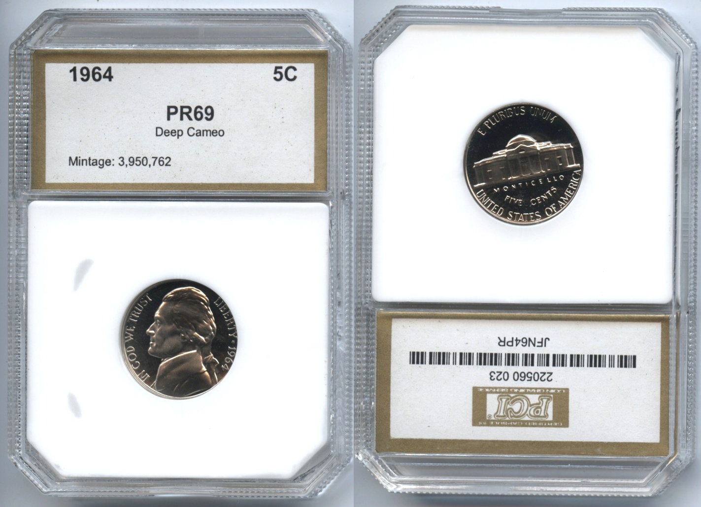 1964 Jefferson Nickel PCI Proof-69 Deep Cameo