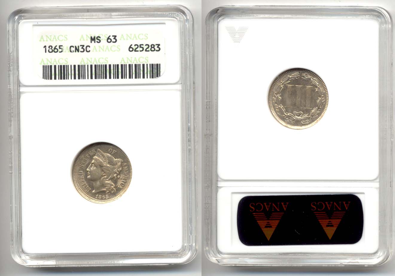 1865 Three Cent Nickel in ANACS MS-63