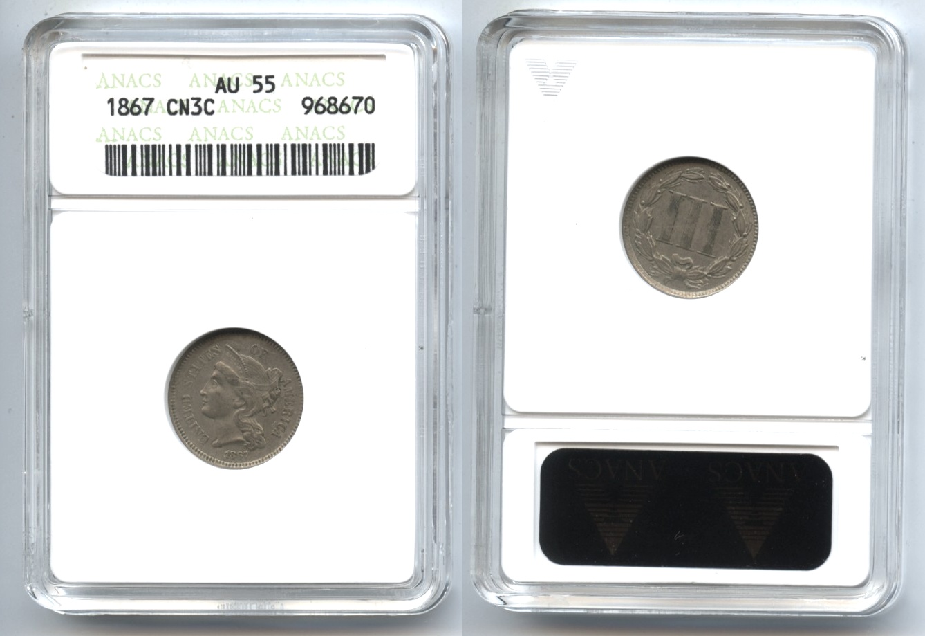 1867 Three Cent Nickel ANACS AU-55