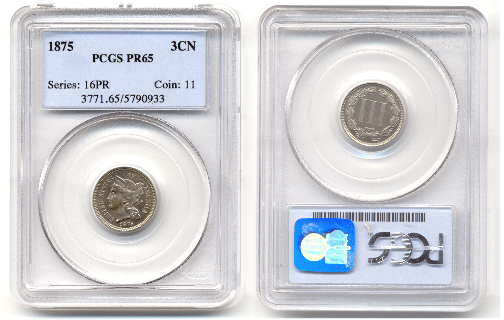 1875 Three Cent Nickel In PCGS Proof-65