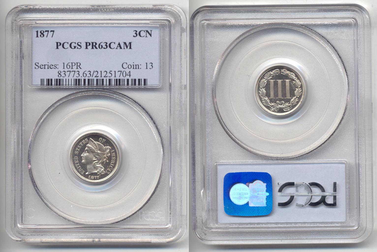1877 Three Cent Nickel PCGS Proof-63 Cameo