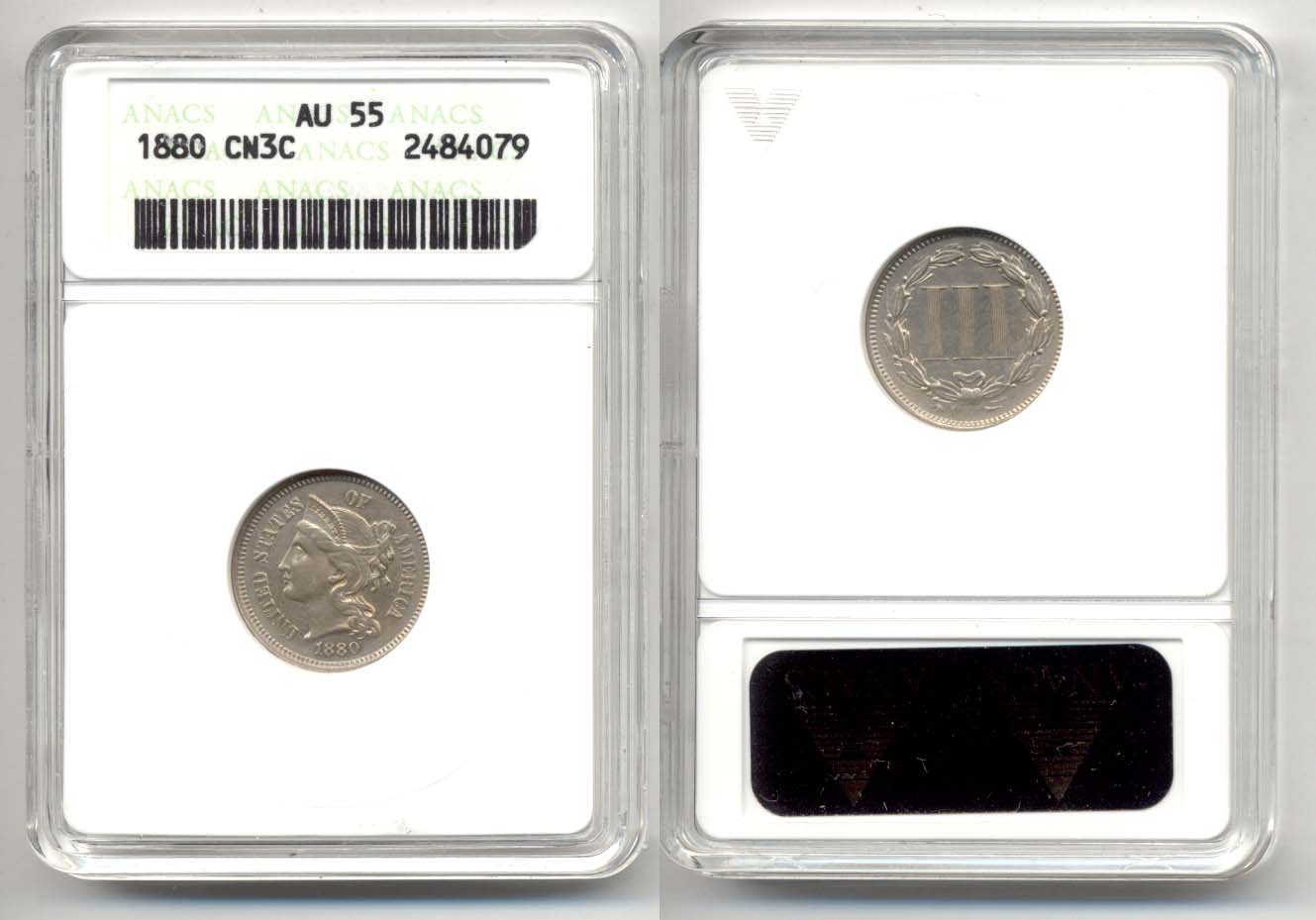 1880 Three Cent Nickel in ANACS AU-55