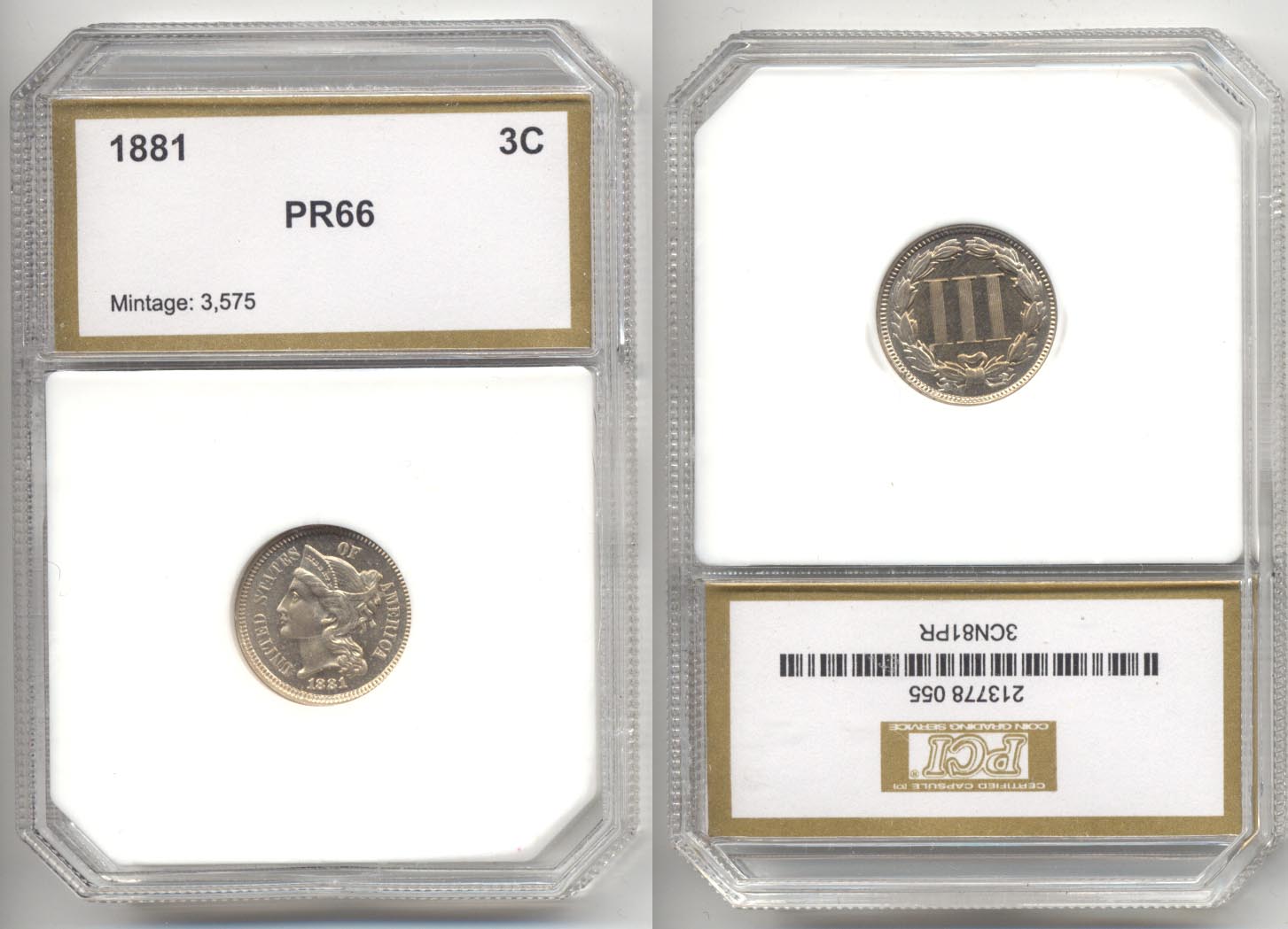 1881 Three Cent Nickel PCI Proof-66