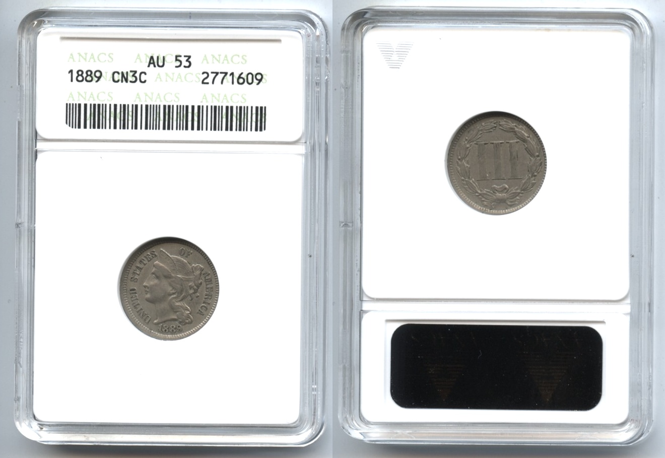 1889 Three Cent Nickel ANACS AU-53