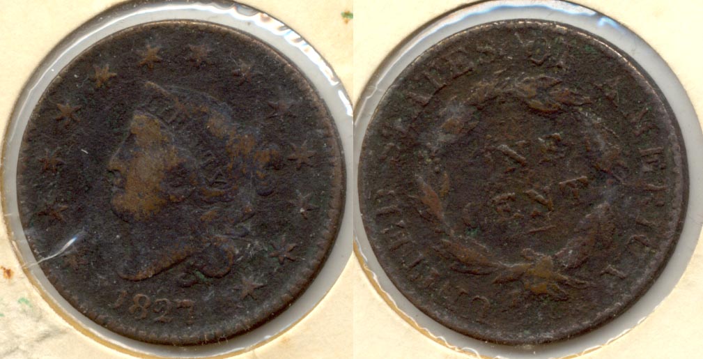 1827 Coronet Large Cent F-12 Corrosion