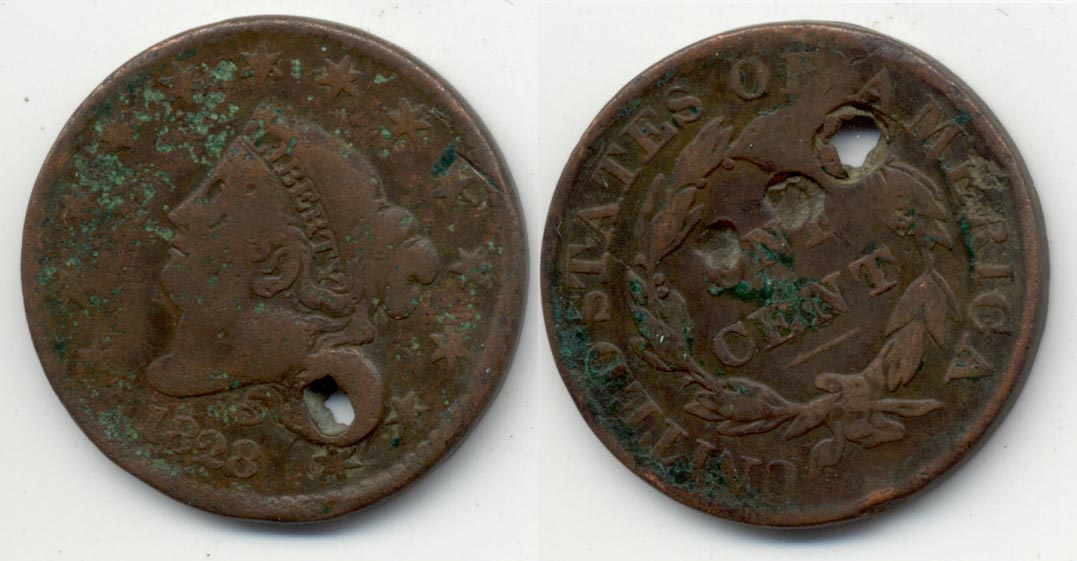 1828 Coronet Large Cent G-4 b Holed