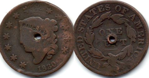 1830 Coronet Large Cent G-4 Holed