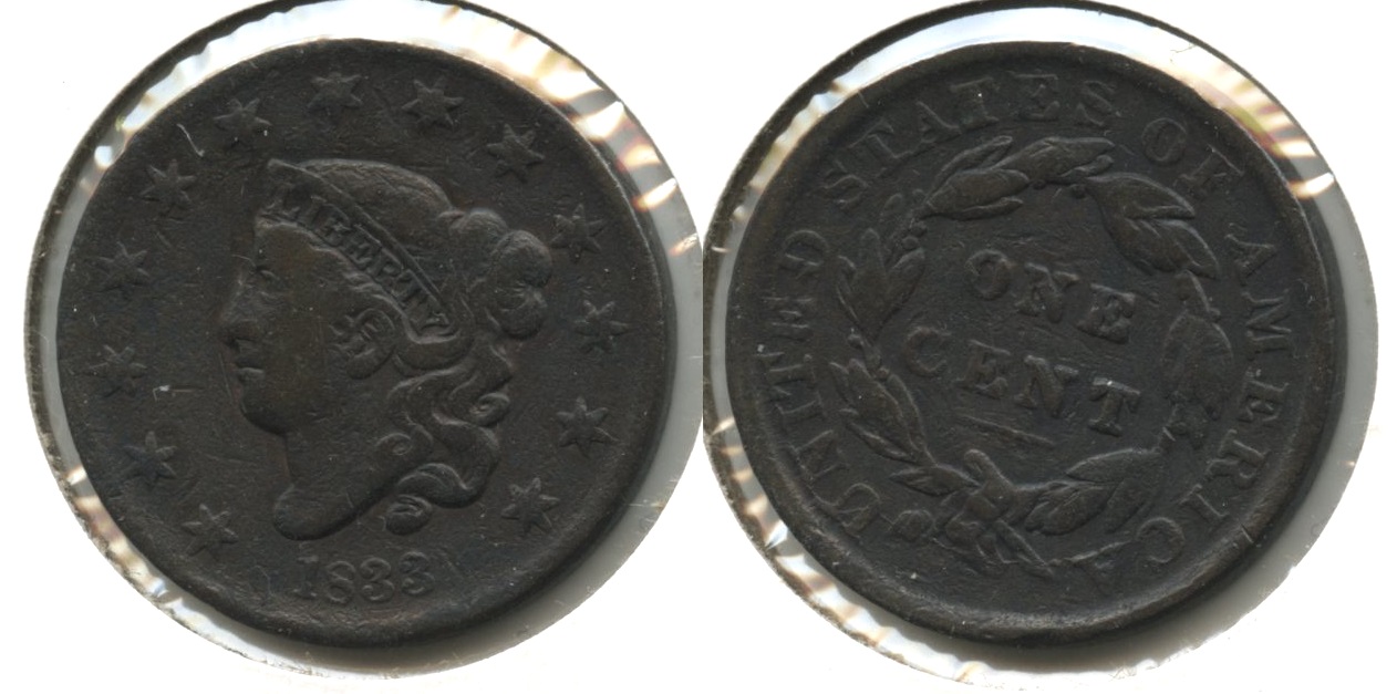 1833 Coronet Large Cent Fine-12 #b Porous