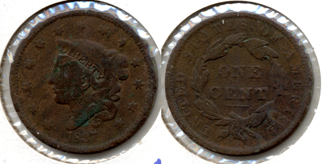 1837 Coronet Large Cent VG-8 d Porous