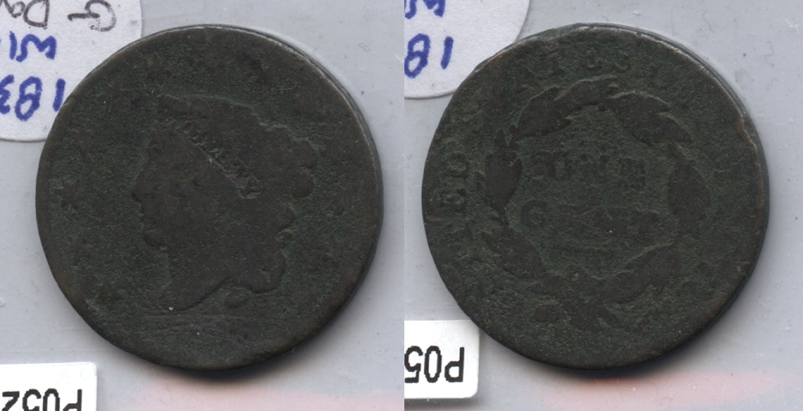1838 Coronet Large Cent Good-4 #k Dark