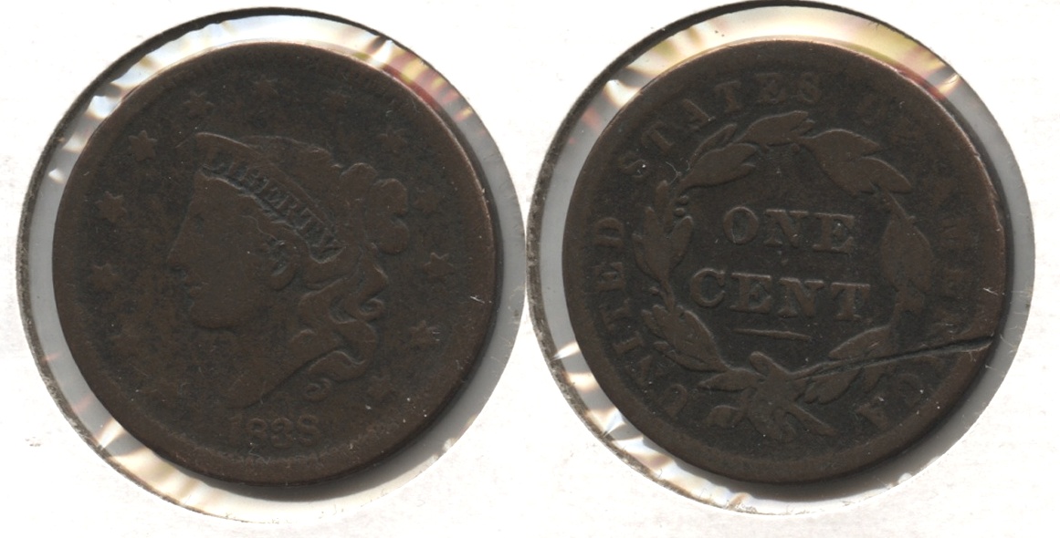 1838 Coronet Large Cent VG-8 #h Reverse Cut