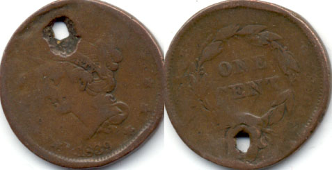 1839 Coronet Large Cent Good-4 Holed