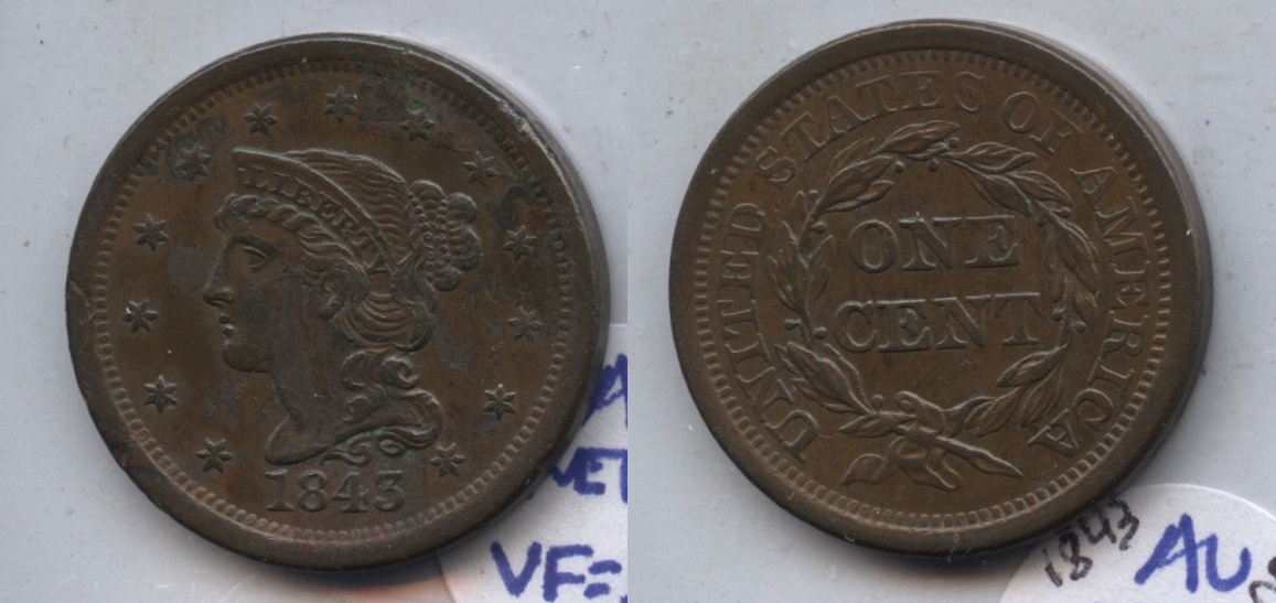 1843 Coronet Large Cent AU-50 Odd Color