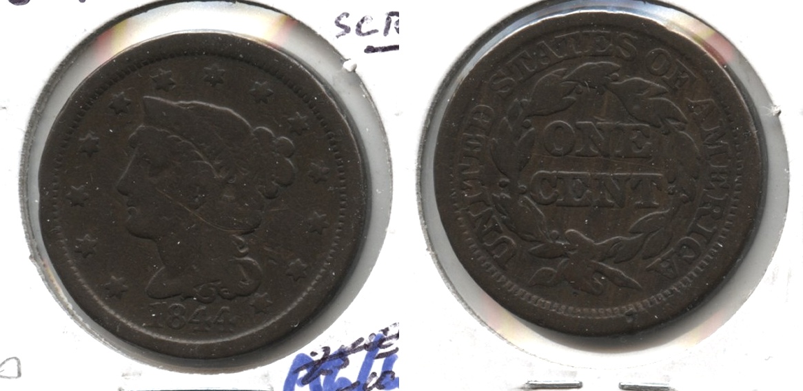 1844 Coronet Large Cent G-4 #e Obverse Scratch