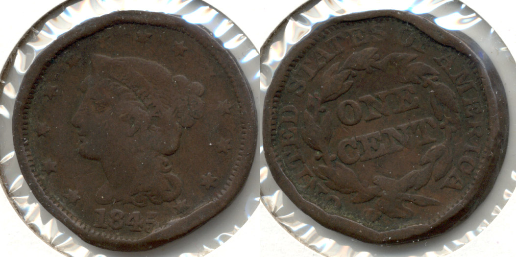 1845 Coronet Large Cent VG-8 a Smashed Rim