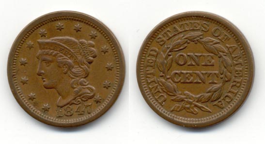 1847 Coronet Large Cent EF-40