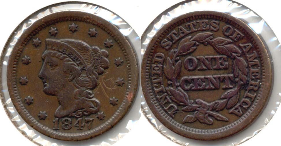 1847 Coronet Large Cent Fine-12 Obverse Scratch