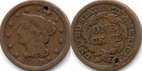 1847 Coronet Large Cent Fine-12 b Holed