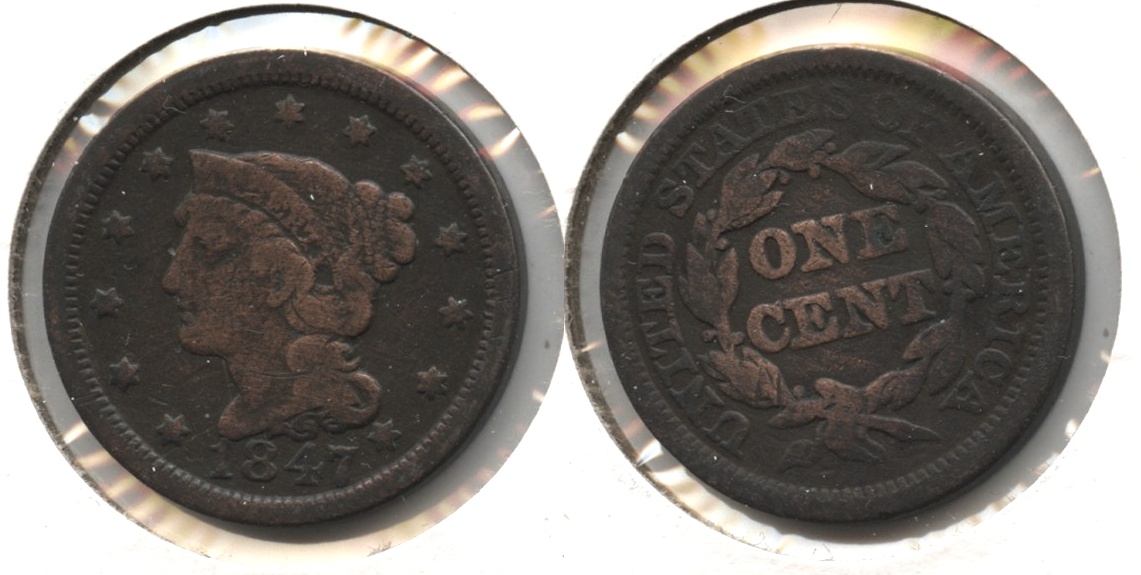 1847 Coronet Large Cent VG-8 #f Cleaned Centers