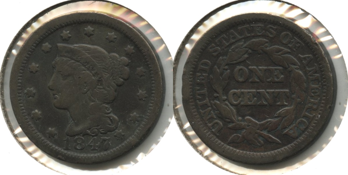 1847 Coronet Large Cent VG-8 #k Rim Bumps