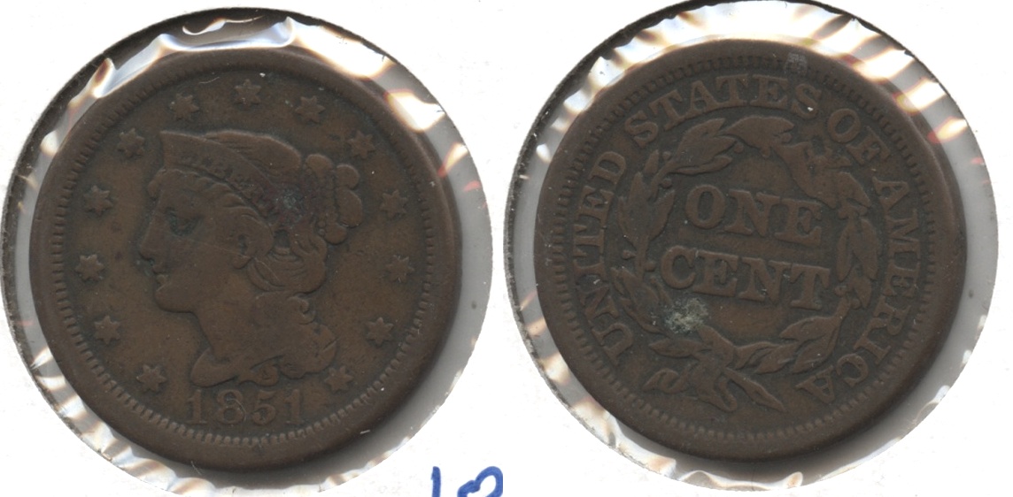 1851 Coronet Large Cent Fine-12 #ai Reverse Spot