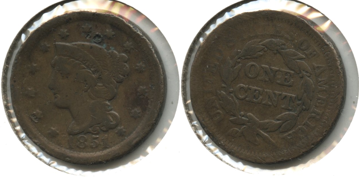 1851 Coronet Large Cent Fine-12 #bg Warped Pit