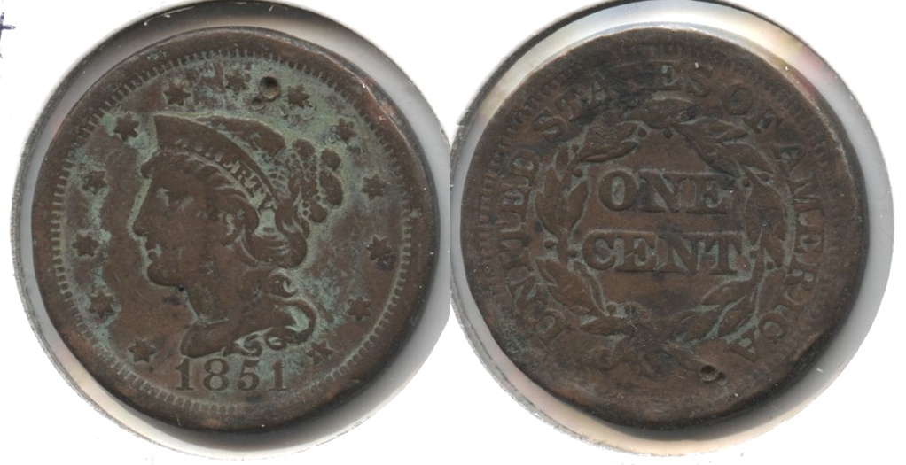 1851 Coronet Large Cent Fine-12 h Corrosion