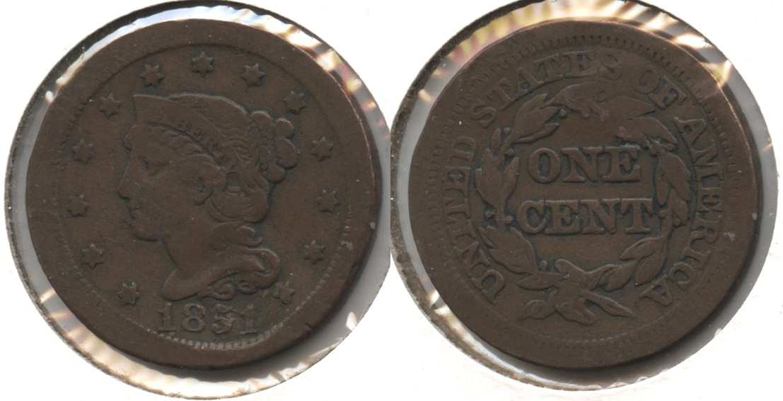 1851 Coronet Large Cent Fine-12 #k Rim Damage