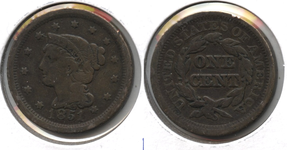 1851 Coronet Large Cent Fine-12 #m Rim Tics