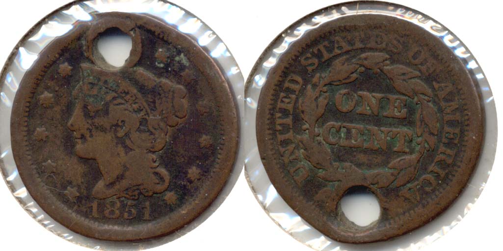 1851 Coroned Large Cent VG-8 Holed