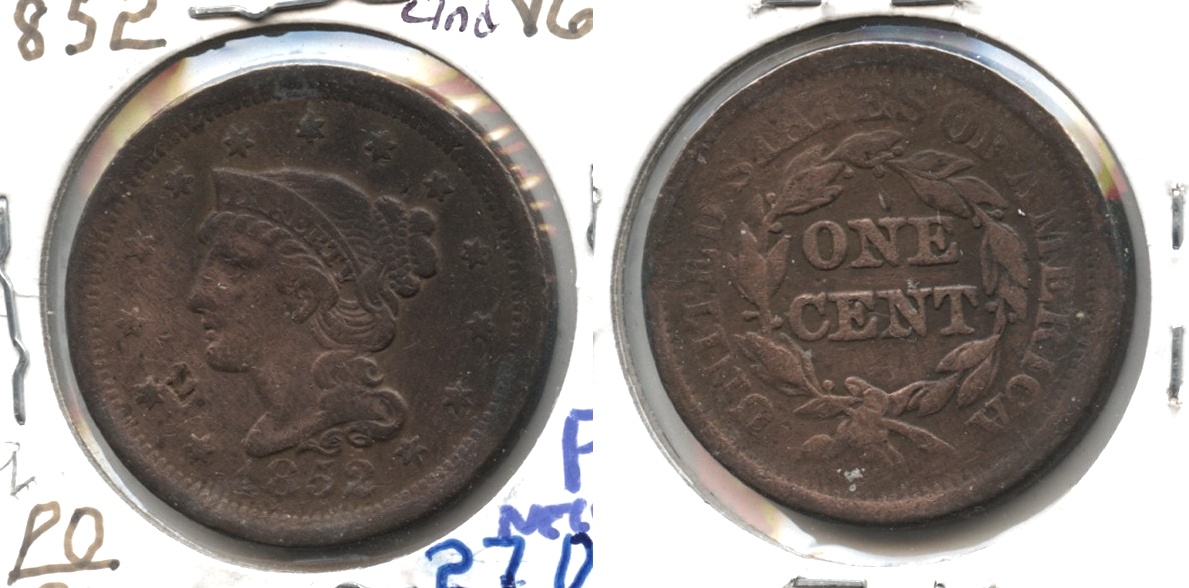 1852 Coronet Large Cent Fine-12 #q Cleaned
