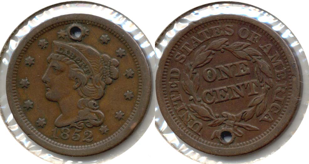 1852 Coroned Large Cent VF-20 b Holed