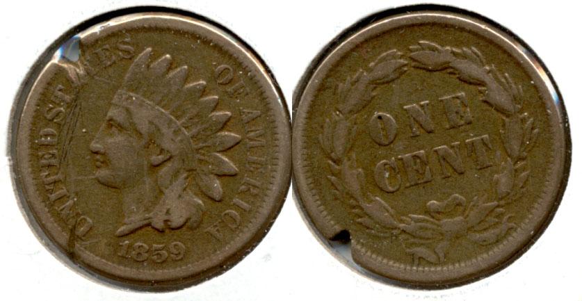 1859 Indian Head Cent Fine-12 c Rim Cut