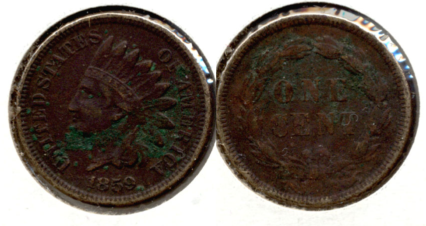 1859 Indian Head Cent Fine-12 j Very Dark