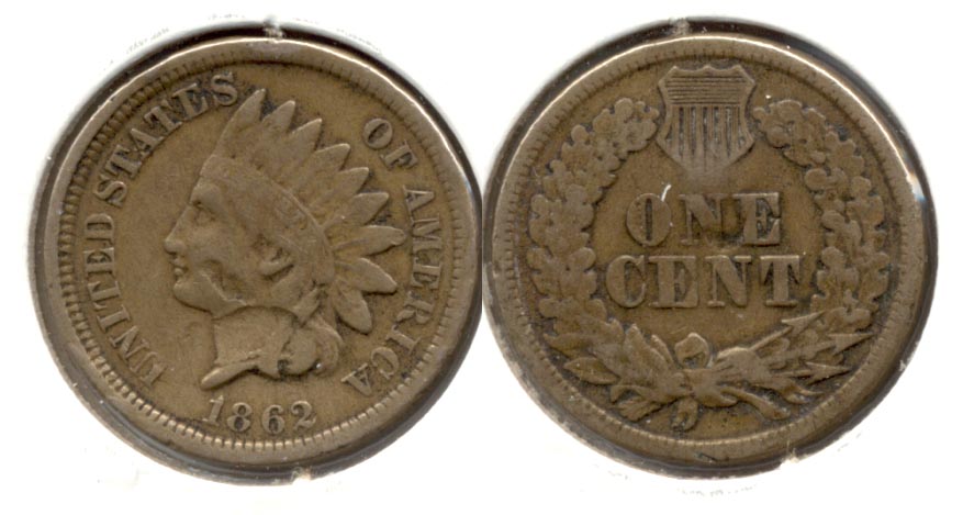 1862 Indian Head Cent VG-8 f Damage