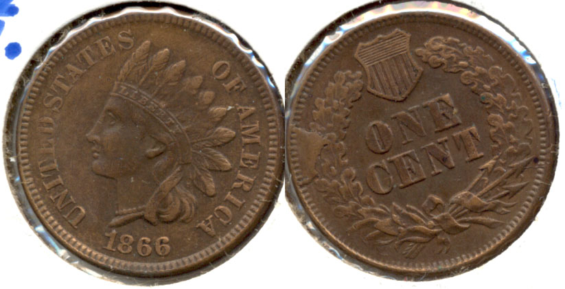 1866 Indian Head Cent AU-50 Cud Error Reverse