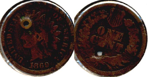 1869 Indian Head Cent Good-4 a Holed