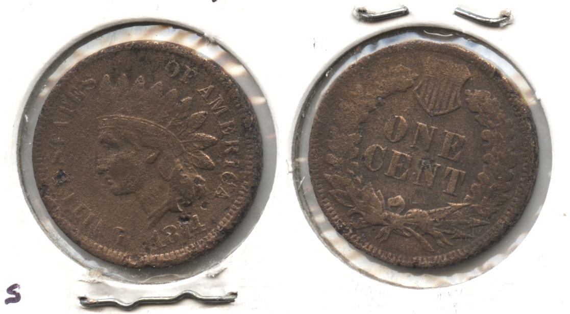 1874 Indian Head Cent Fine-12 #d Porous