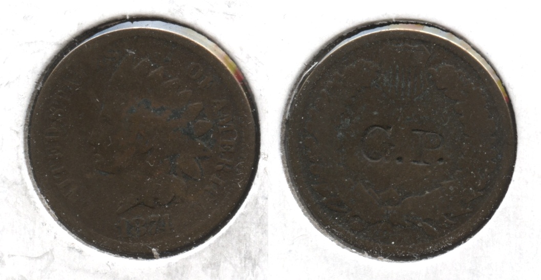 1874 Indian Head Cent Good-4 #an G. P. Counterstamp
