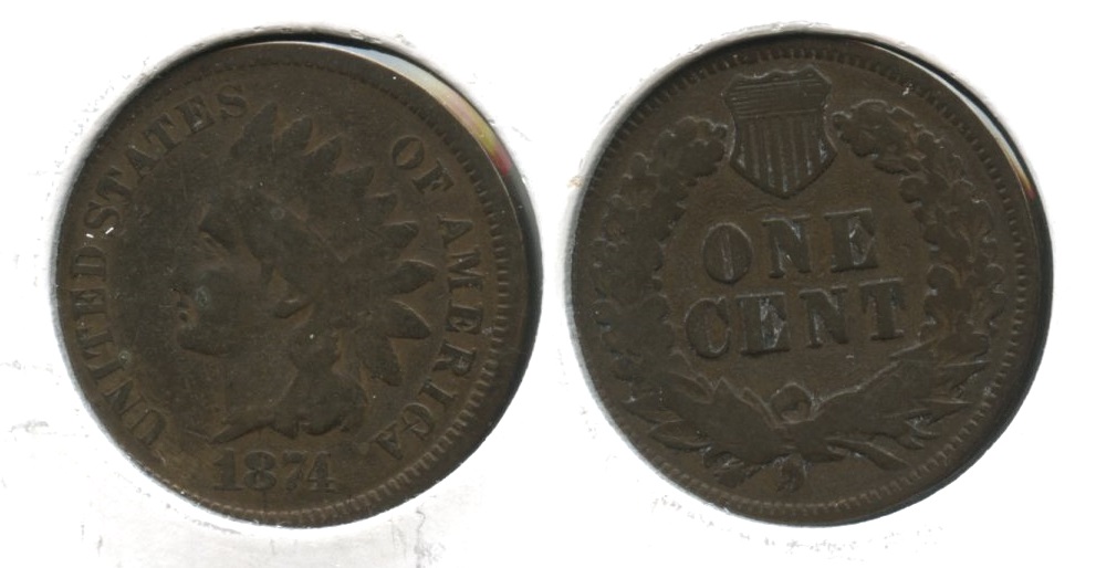 1874 Indian Head Cent Good-4 #bk Cleaned Retoned