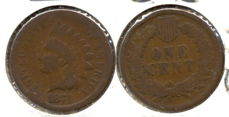 1874 Indian Head Cent Good-4 y Rim Bump