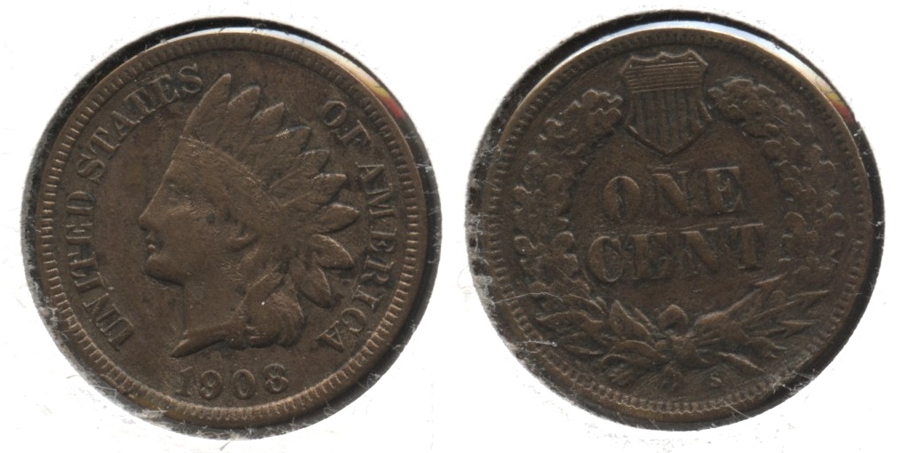 1908-S Indian Head Cent VF-20 #c Cleaned