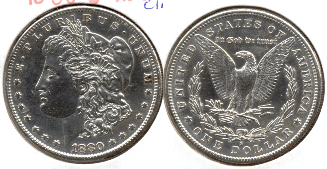 1880-S Morgan Silver Dollar AU-55 Cleaned
