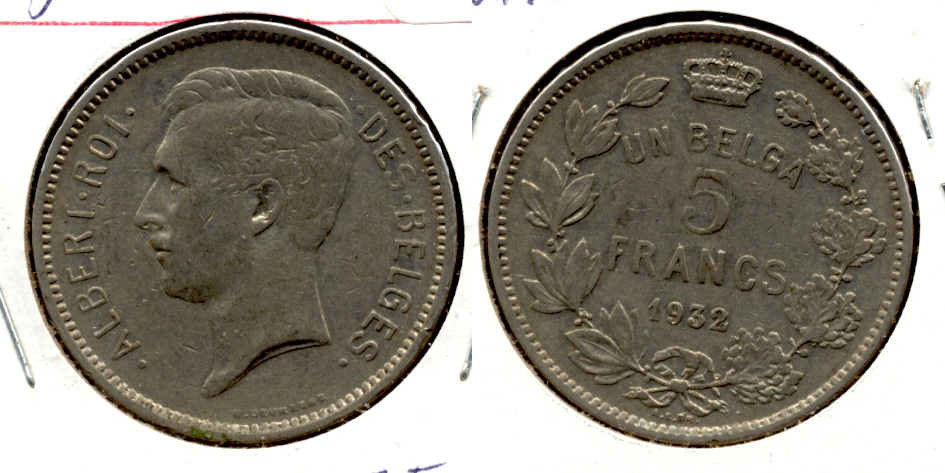 1932 Belgium 5 Francs EF-40