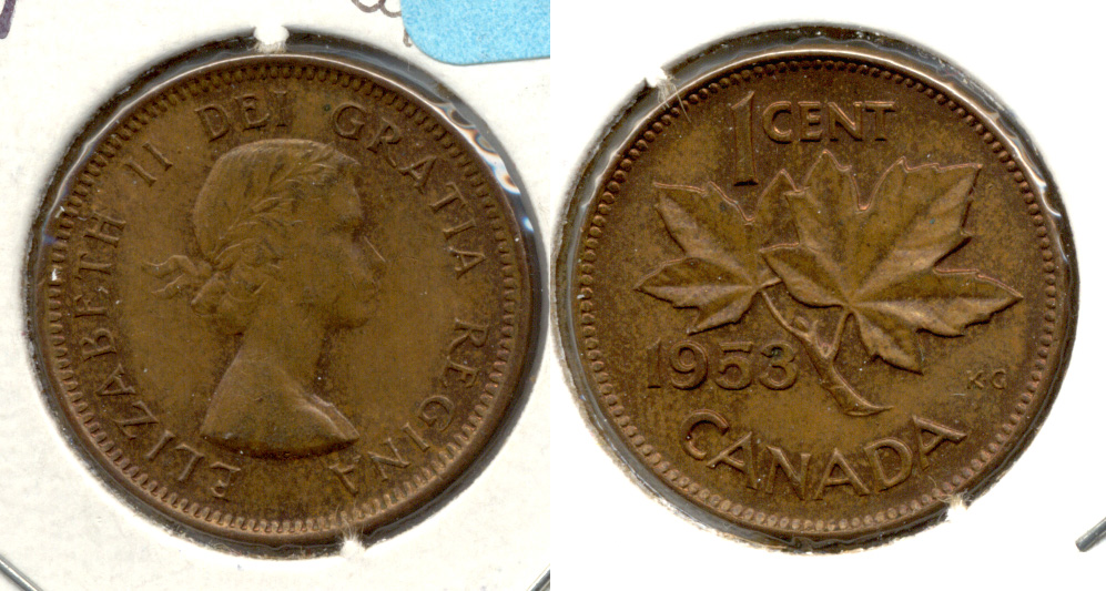 1953 No Shoulder Fold Canada 1 Cent EF-40