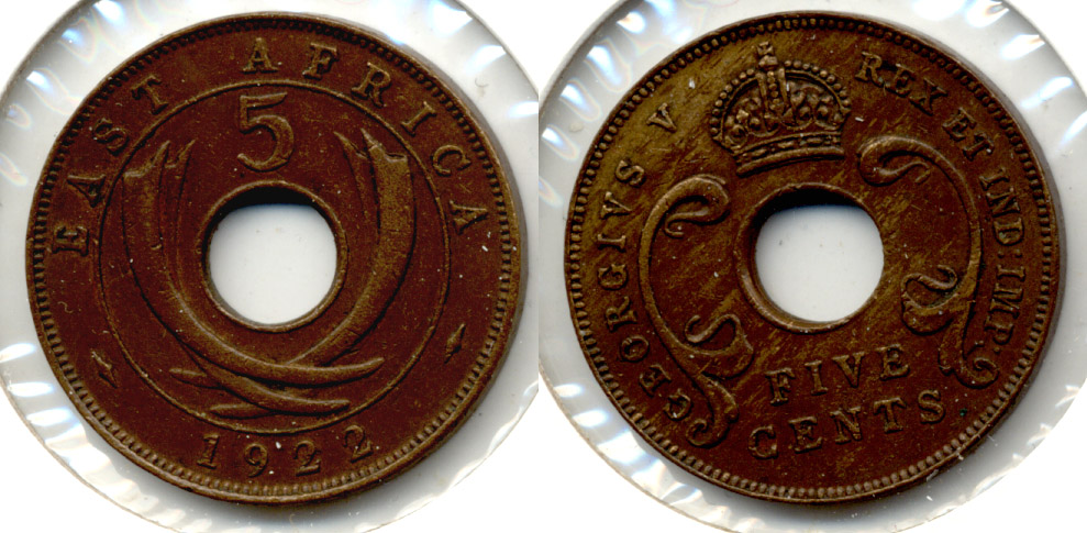 1922 British East Africa 5 Cents EF-40