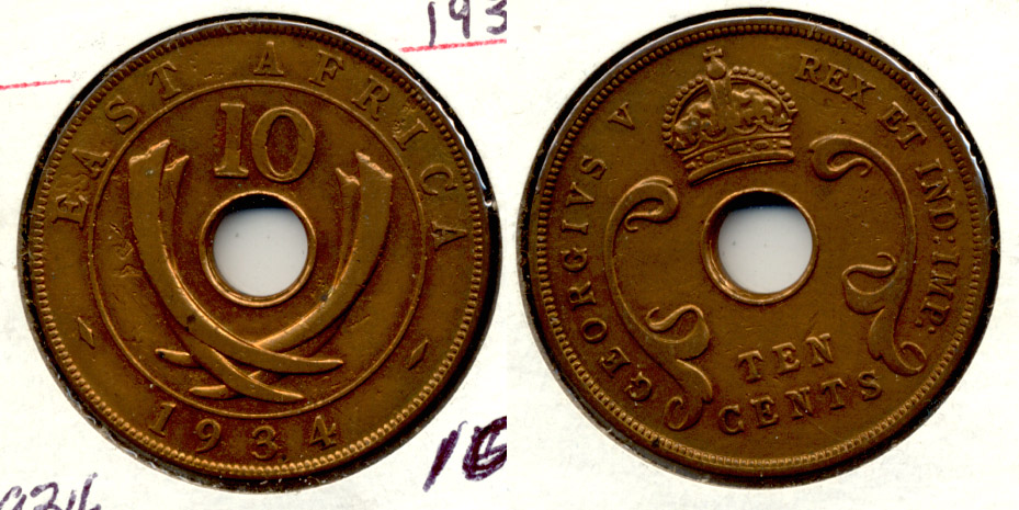 1934 British East Africa 10 Cents VF-20