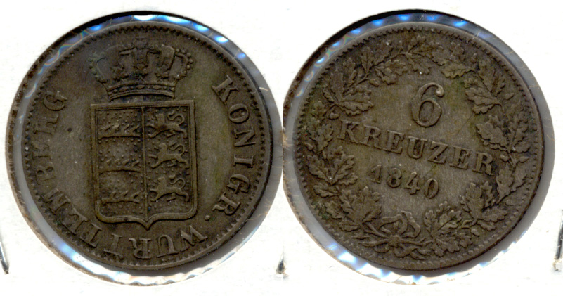 1840 Germany Wurttemberg 6 Kreuzer Fine-12