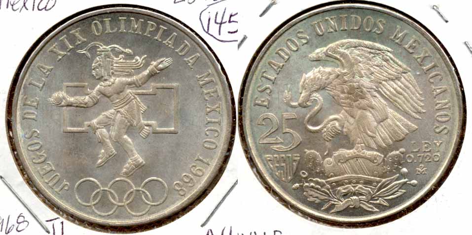 1968 Mexico 25 Pesos AU-50